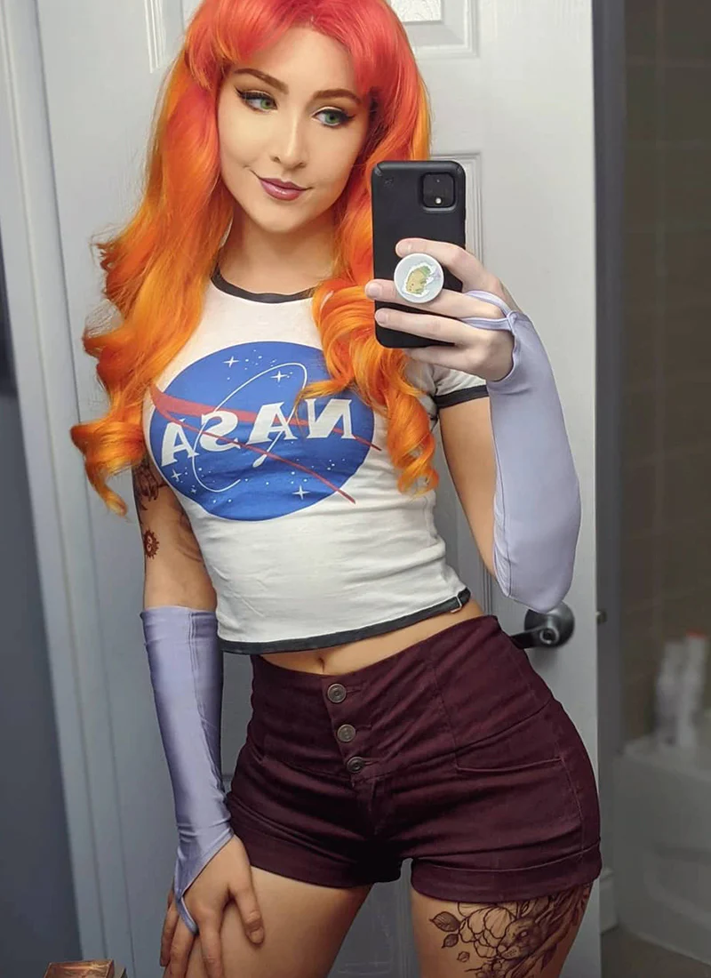 DC Starfire Long Curly Red Mixed Orange Lace Front Synthetic Hair Wig LF383 - Image 10