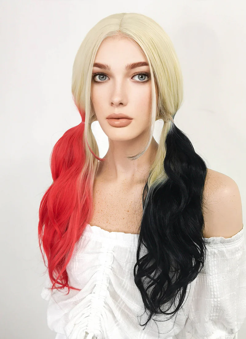 Blonde Harley Quinn Red Black Ponytail Lace Front Synthetic Hair Wig LF1576A - Image 4