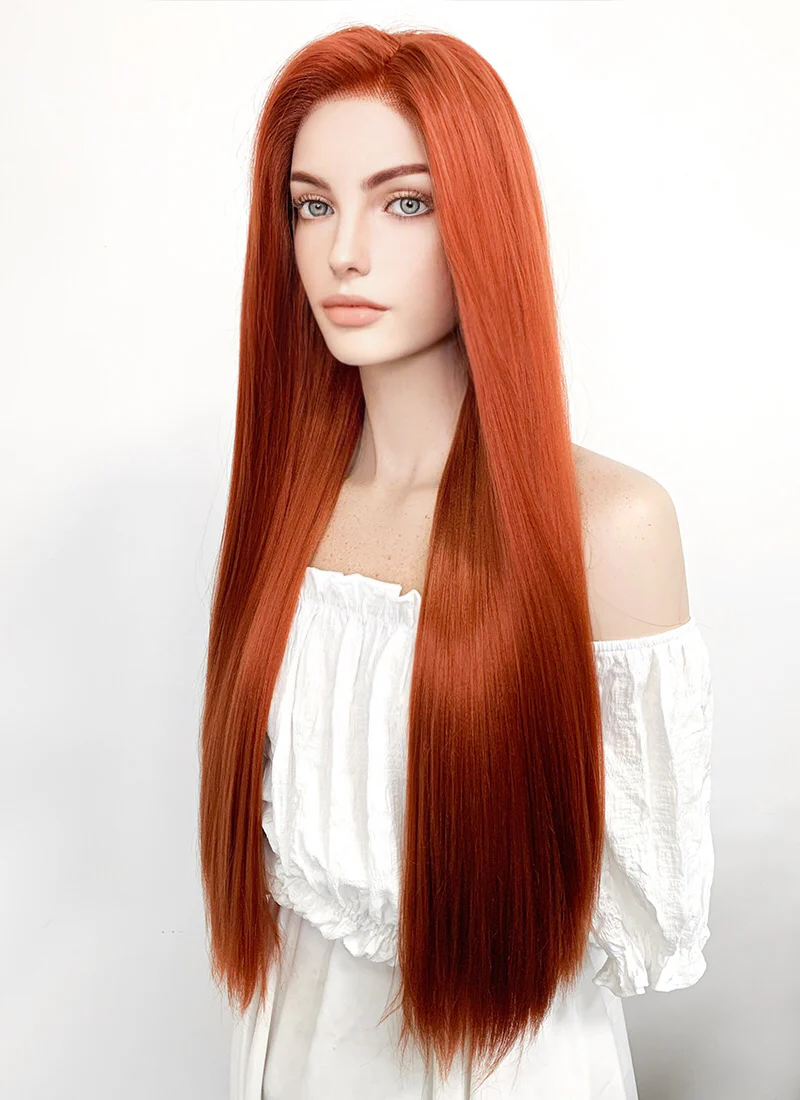Long Straight Yaki Reddish Orange Lace Front Synthetic Hair Wig LF624 - Image 7
