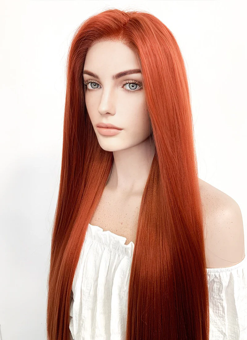 Long Straight Yaki Reddish Orange Lace Front Synthetic Hair Wig LF624 - Image 8